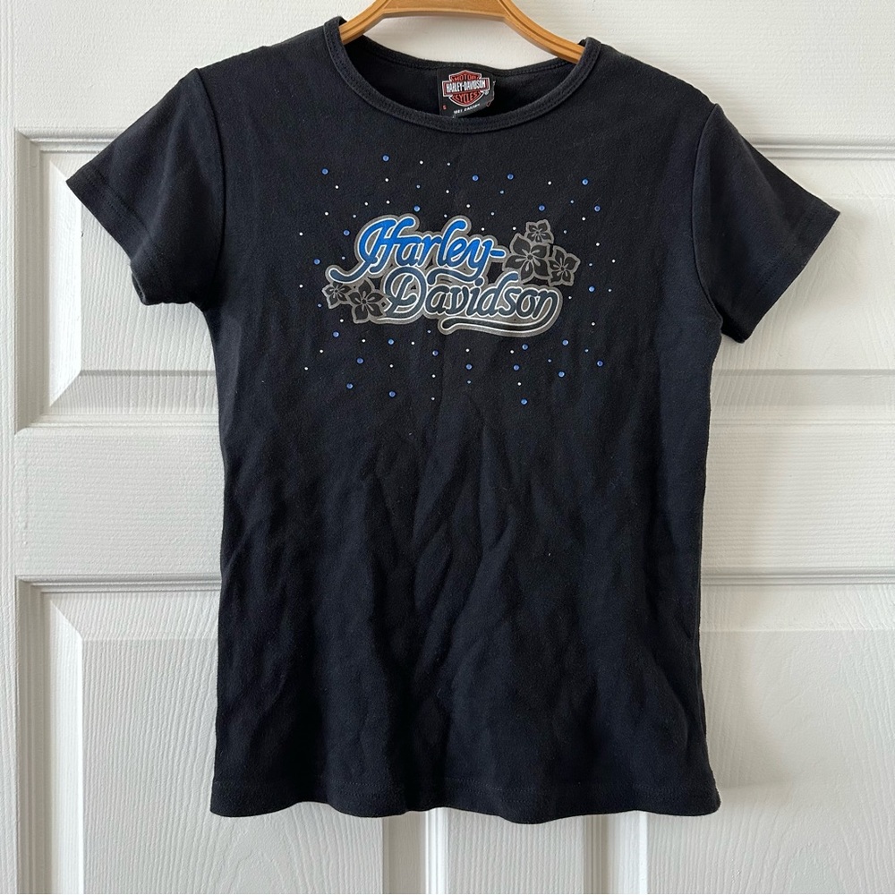 Vintage Harley Davidson Y2K Baby Tee T Shirt Black Sequin Biker Blue Floral